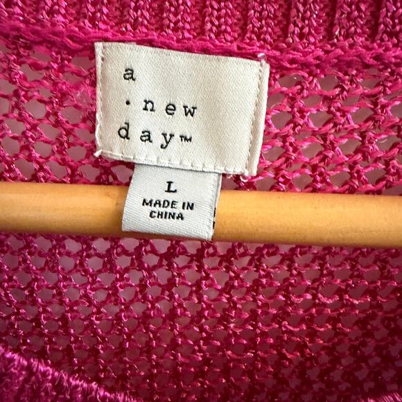 A New Day Hot Pink Metallic Mesh Knit Swim Cover Up Dress Sleeveless Maxi Size L - Picture 4 of 9